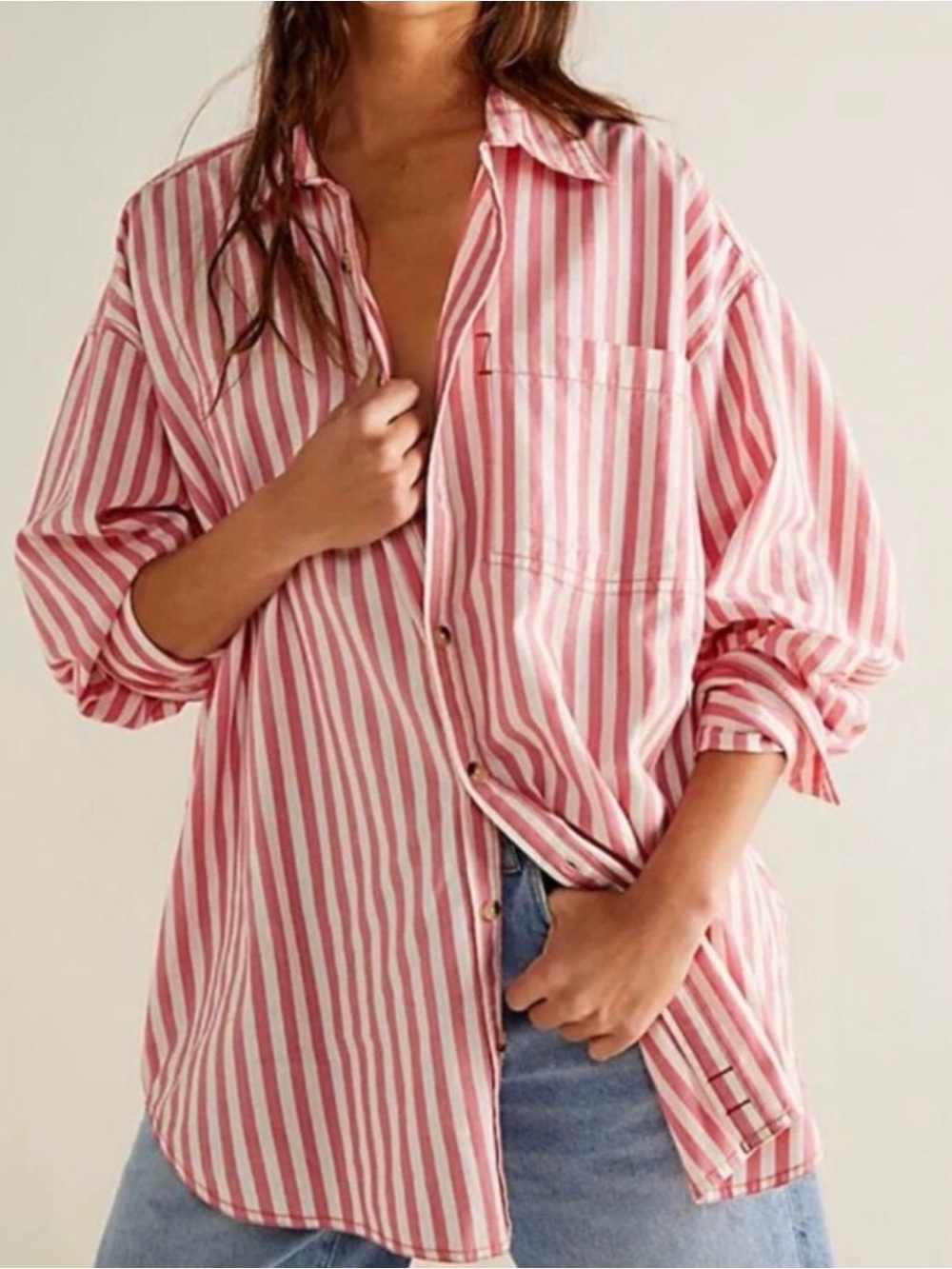 We The Free Pink and White Striped Button-Down Shirt